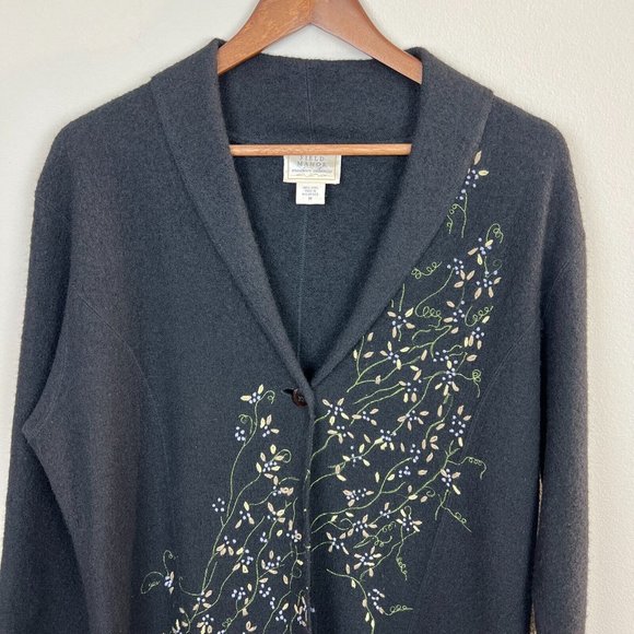 Field Manor Duster Cardigan Sweater M Black Embroidered Boiled 100% Wool Floral - Picture 2 of 10